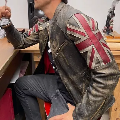Buy Men's Motorcycle Vintage Racer Union Jack Lambskin Leather Distressed Jacket • 23£