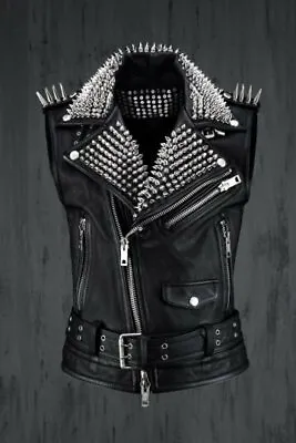 Buy Handmade Men Rock Punk Style Belted Leather Vest, Men Black Biker Studded Jacket • 176.93£