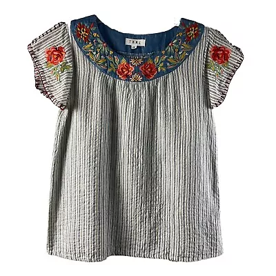 Buy THML Pull On Top Blue Sripe Colorful Embroidery Petal Cap Sleeves Cotton Boho M • 28.34£