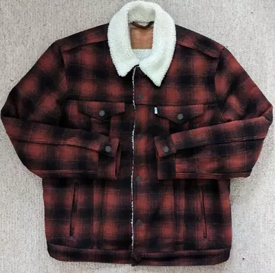 Buy LEVI LEVIS Red Wool CHECK Trucker Sherpa JACKET COAT XL - Excellent Condition • 100£