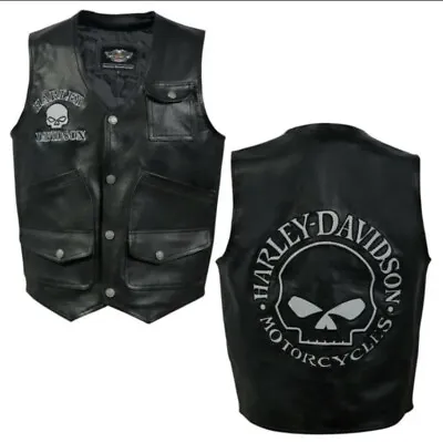 Buy Harley-Davidson Men's Reflective Skull Vest Motorcycle Cowhide Premium Leather • 92.83£