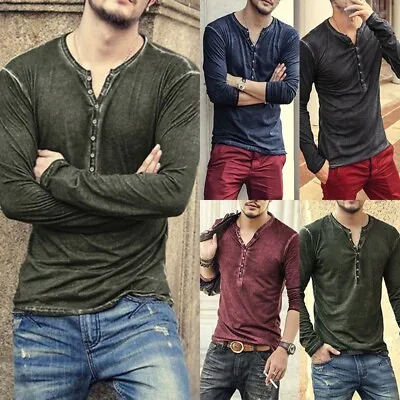 Buy Mens Casual T-shirt Long Sleeve Solid Tops Raglan Pullover V-neck Cotton Shirts • 23.80£