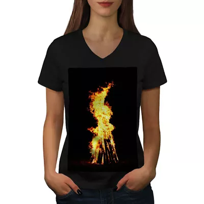 Buy Wellcoda Bonfire Fire Night Womens V-Neck T-shirt, Burning Graphic Design Tee • 17.99£