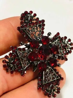 Buy Gothic Red Crystal Black Maltese Cross Brooch Shawl Pin Vintage Style Jewellery • 6.99£