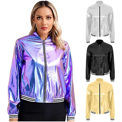 Buy Womens Jacket Holiday Coat Baseball Outerwear Party Streetwear Holographic Top • 8.39£