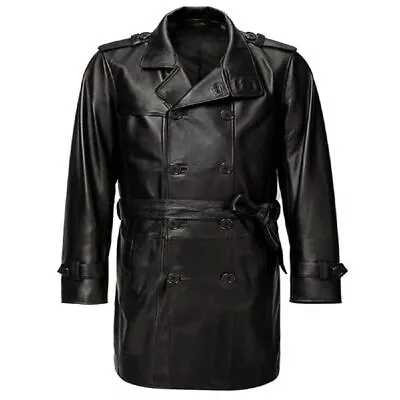 Buy Men's Genuine Lambskin Leather Trench Long Coat Stylish Belted Black Jacket • 155.50£