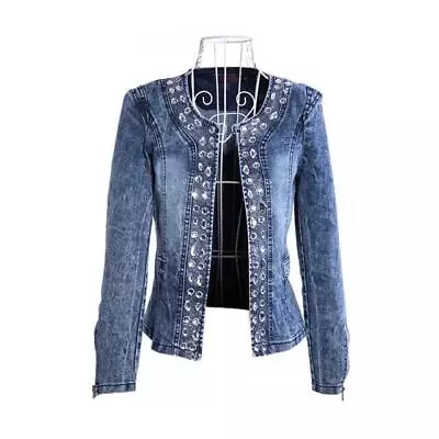 Buy Womens Short Denim Shirt Cowboy Diamond Sequins Long-Sleeved Jacket Outwear • 27.84£