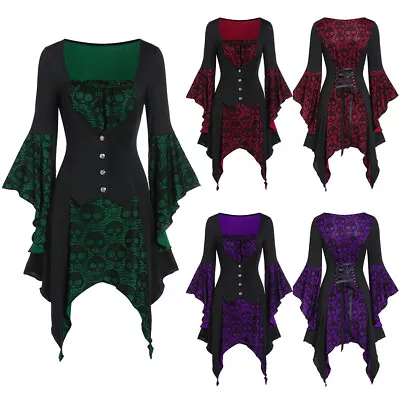 Buy Womens Steampunk Halloween Party Skull Tops Gothic Punk Shirt Dress Costume Size • 3.49£