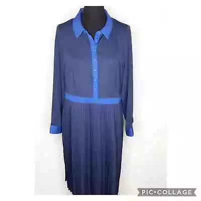 Buy Modcloth Navy Blue And Blue Shirt Midi Dress With Pleated Skirt Size 16 • 48.26£