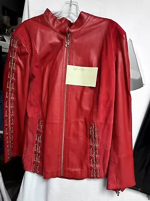 Buy Pamela Mccoy Couture Moto Biker Jacket Chain Accent 100% Leather Red Sz 1x • 47.13£
