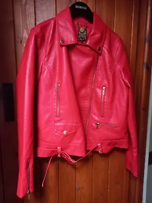 Buy Biba Red Faux Leather PU Biker Jacket Size 14 Silver Logo Zip Detail  • 28£