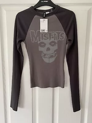 Buy H&M Misfits Skull Band Grey Baseball Henley Long Sleeve Crop Top Size XXS New • 15£