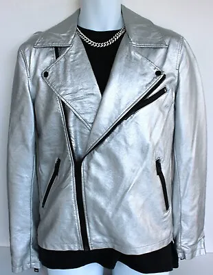 Buy FOREVER 21 Silver Faux Leather Biker Jacket Mens S Rocker • 29.99£
