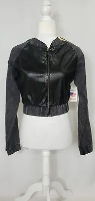 Buy Womens Cropped Jacket Small Black Faux Leather    Denim Mix Zip Long Sleeve NEW • 19.99£
