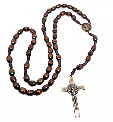 Buy Rosary Bead Crucifix Necklace Dark Wood Tone Saint Benedict Catholic Jewellery • 6.95£