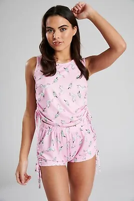 Buy Loungeable Ladies Cute Pink Unicorn Print Ruched Sides Vest & Shorts Pyjama Set • 9.95£