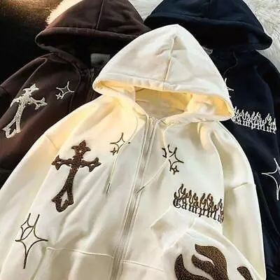 Buy Y2k Oversized Hoodies Retro Hip Hop Jacket Gothic Embroidery Zip Up Sweatshirt • 19.19£