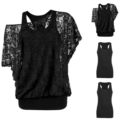 Buy 2PCS Womens Full Lace Cold Shoulder T-Shirt Tank Top Vest Slim Fit Blouse Tee UK • 7.39£