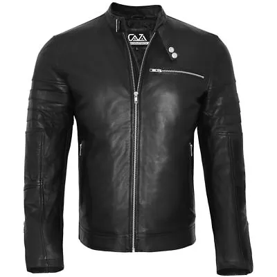 Buy  Mens Black David Beckham Real Leather Biker Jacket Vintage Cafe Racer Slim Fit • 64.99£