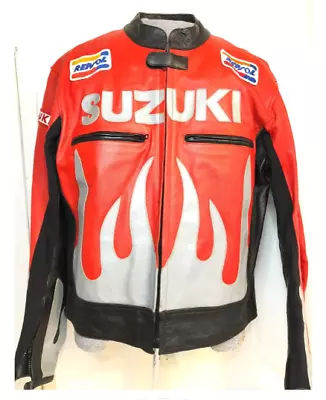 Buy SUZUKI Motorcycle Leather Red And White Motorbike Racing Jacket Protected Armour • 159.99£