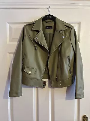 Buy Marks And Spencer Khaki Faux Leather Biker Jacket 8 VGC Ladies Green Lined Comfy • 30£