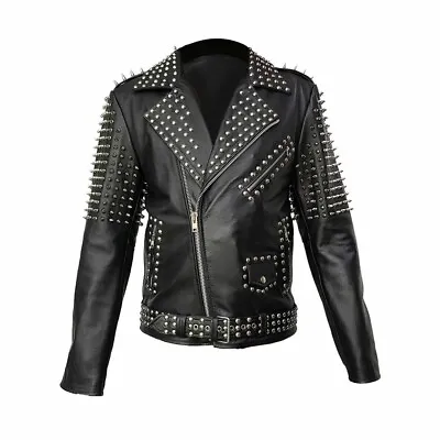 Buy Mens Black Leather Jacket Spike Punk Style Studded Rock Star Garment Chest 44  • 119.99£