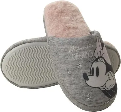 Buy Disney Minnie Mouse Grey Pink Ladies Slippers Womens Warm House Shoe Sizes 3-8 • 11.95£