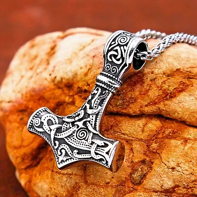 Buy Viking Thor's Hammer Mjolnir Necklace Stainless Steel Silver Jewellery Pendant • 10.95£