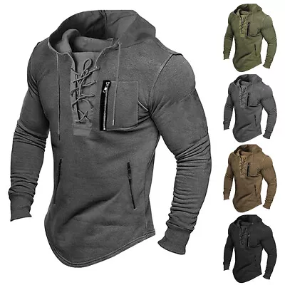 Buy Mens Lace Up Hooded T-Shirt Grandad Long Sleeve Combat Gym Fitness Hoodies Tops • 4.99£
