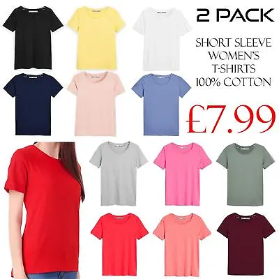 Buy 2 Pack Women’s Ladies Plain 100% Cotton Short Sleeve Crew Neck T-Shirt Size 8-18 • 7.99£