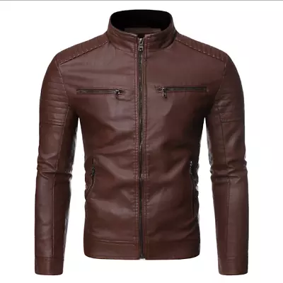 Buy Mens Casual Leather Biker Jacket Black Brown Slick Slim Vintage Motorcycle Coat • 27.97£
