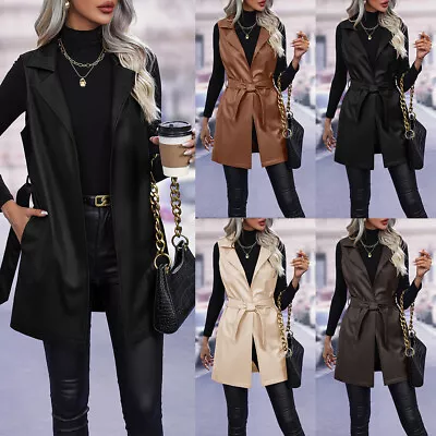 Buy Ladies Sleeveless Gilet Cardigans Belt Jacket PU Leather Waistcoats Vest OL Tops • 12.75£