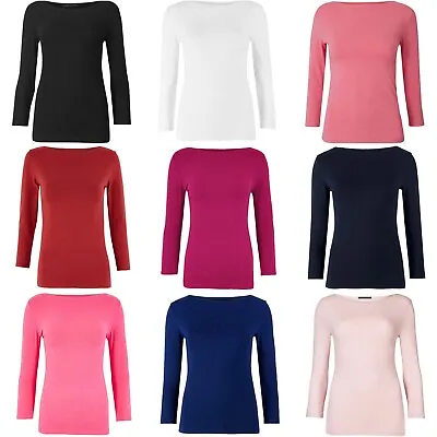 Buy 3/4 Sleeve Slash Neck Tops New Womens Cotton Rich T-Shirt Tee - Ex Famous Store • 3.99£