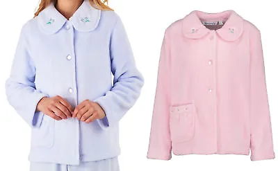 Buy Slenderella Ladies Bed Jacket Floral Embroidered Collar Coral Fleece Housecoat • 29.99£