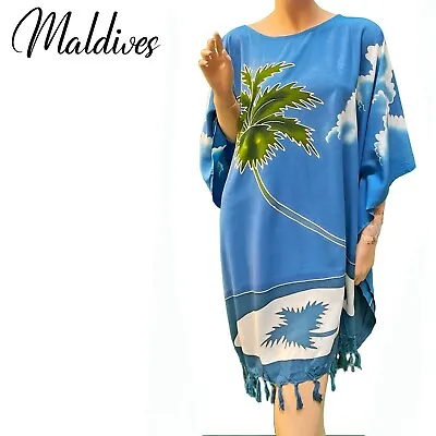 Buy MALDIVES Hand Painted Coconut Island Kaftan Top Poncho Ladies Blouse T-Shirt • 19.98£