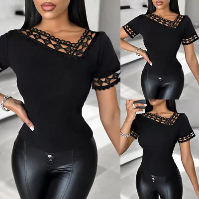 Buy Women Sexy Lace Short Sleeve Slim T Shirts Ladies Solid Tunic Tops Blouse Tees • 10.79£