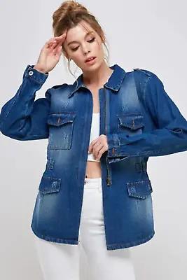 Buy Women's Half Zipper Distressed Denim Jacket • 21.69£
