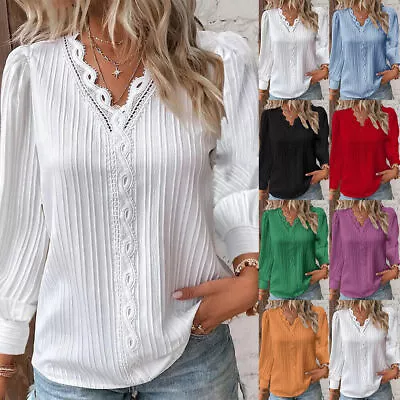 Buy Womens Lace V Neck Long Sleeve Top Shirt Ladies Summer Autumn Solid Boho Blouse • 9.85£