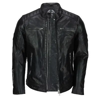 Buy Mens Real Leather Black White Stripes Racing Biker Jacket Classic Motorcycle • 69.99£