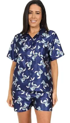 Buy Disney Lilo And Stitch Ladies Short Satin Pyjama Set For Women Silk Satin • 17.99£