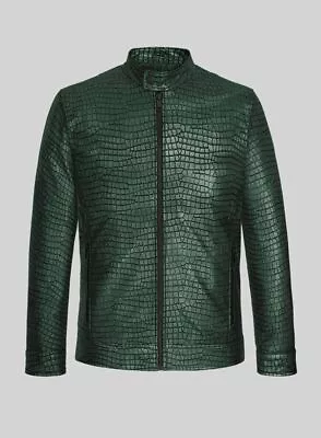 Buy Lustrous Croc Metallic Green Classic Biker Style Lambskin Leather Jacket For Men • 143.14£