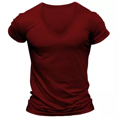 Buy Mens V-Neck T Shirts Short Sleeve Muscle Slim Fit Summer Sport Gym Grandad Tops • 9.99£
