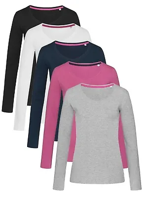 Buy Ladies Womens Womans Plain Cotton Elastane Long Sleeve Vee V-Neck Tee T-Shirt • 15.39£