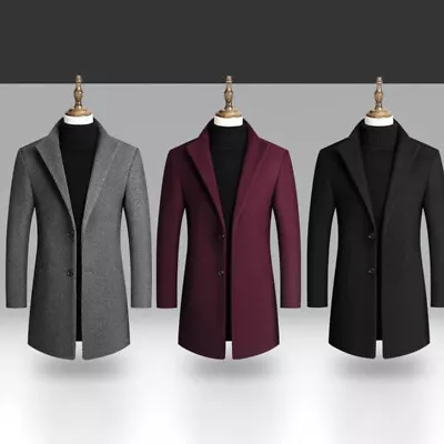 Buy Men Pea Coat Long Sleeve Jacket Mens Lapel Work Mid Length With Pockets Outwear • 44.39£