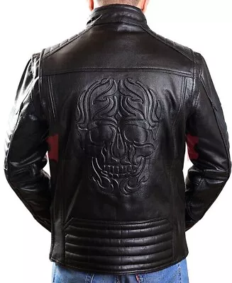 Buy Men's Real Cow Leather Bikers Jacket Cafe Racer Embosed Skull Back Bikers Jacket • 106.80£