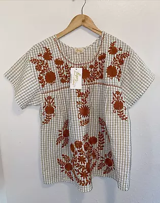 Buy Layerz Clothing Peasant Tan Checked Rust Orange Floral Embroidery Top Medium NWT • 28.42£