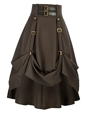 Buy Women Goth Steampunk Skirt High Waist Pirate Midi A-Line Skirt With Pockets S  • 62.62£