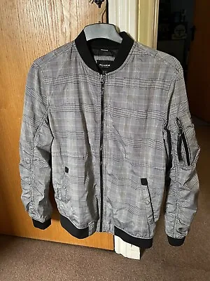 Buy Pull&Bear  Slim Fit Bomber Jacket Coat Check Grey Zip Up Casual Lightweight Ma1 • 18.99£