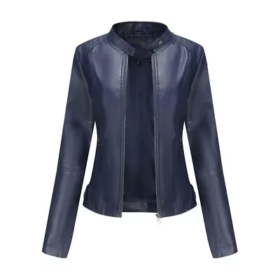 Buy Women Biker Jacket Slim Ladies Faux Leather Zip Stand-up Collar Outerwear UK8-12 • 32.99£