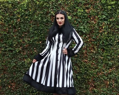 Buy NWT Collectif Pearl Beetle Black White Stripe Swing Coat Small 10 Pinup Faux Fur • 212.62£